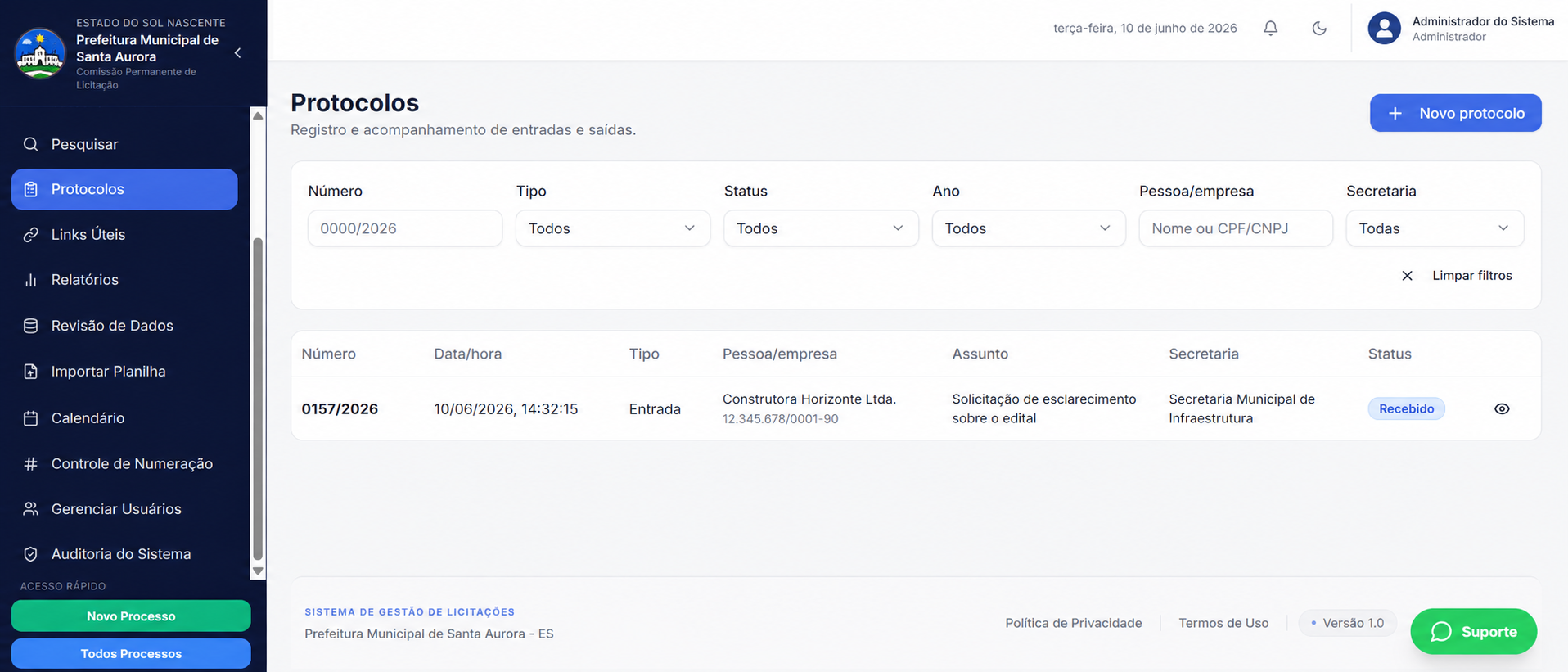 Protocolos e documentos no sistema Gestão Licitações