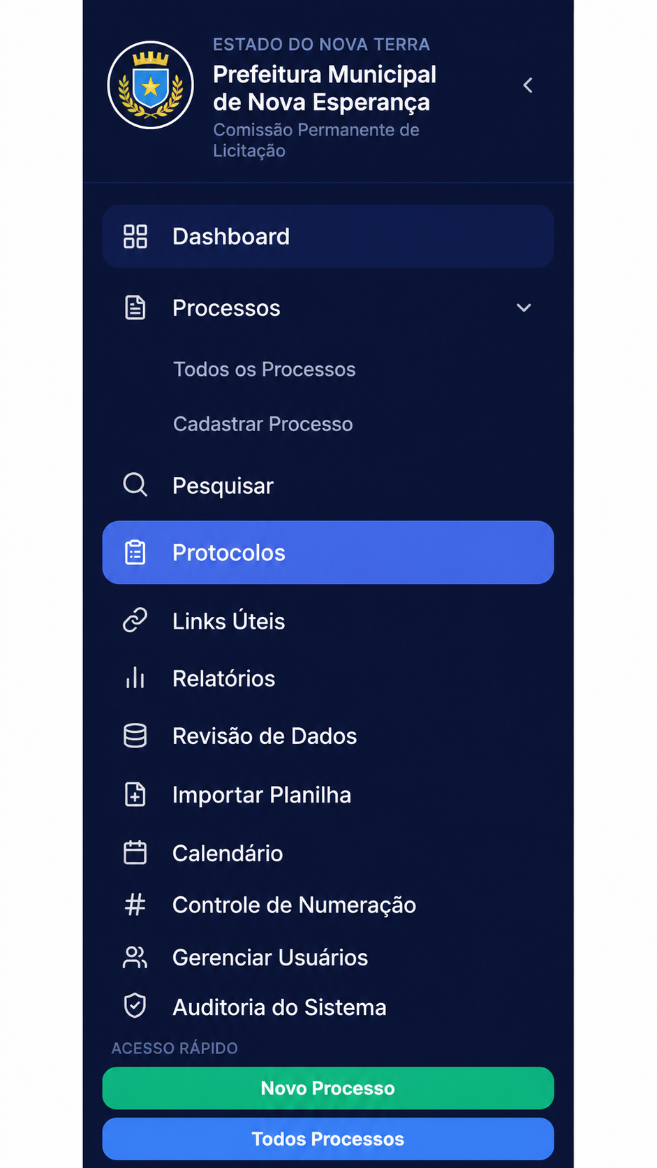 Protocolos e documentos no sistema Gestão Licitações